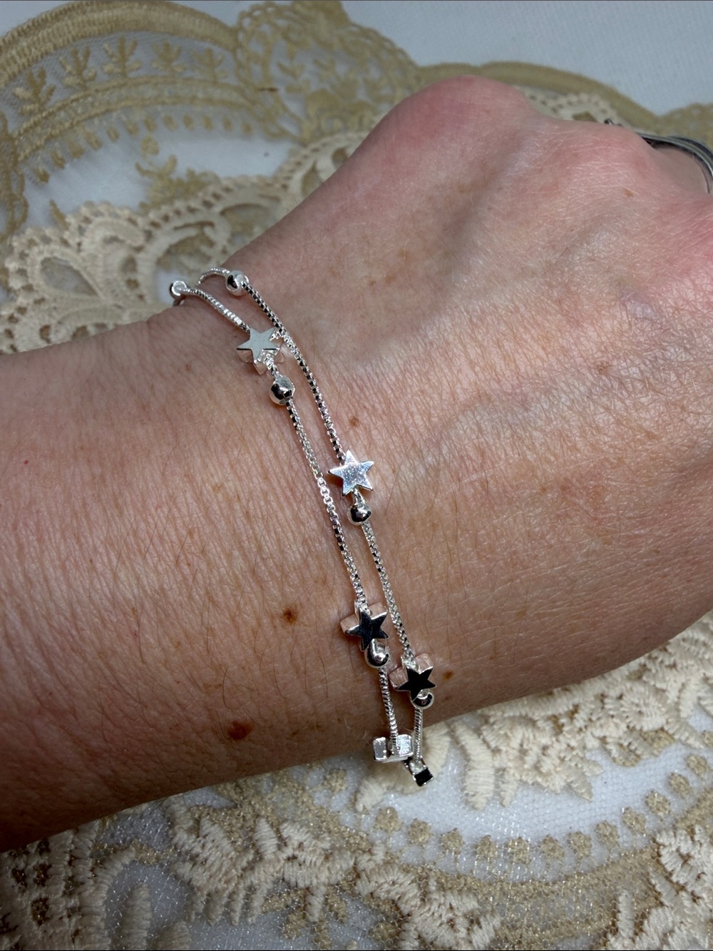 925 Sterling Silver Double Strand Star Adjustable Layered Celestial Bracelet
